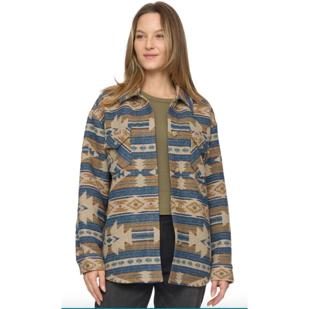 NWT Threadgrit Shacket Women L Blue Aztec Print Button Front Jacket Boho Western